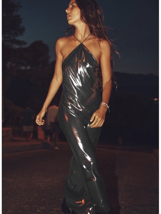 Zara Dresses & Skirts - Zara Size M Silver Metallic Halter Neck Maxi Slip Dress Liquid Metal Look